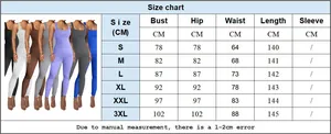 Detailed size chart for square neck ribbed yoga jumpsuit with bust and hip measurements