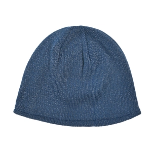 Detailed close-up of navy blue marl knit beanie fabric texture and stitching