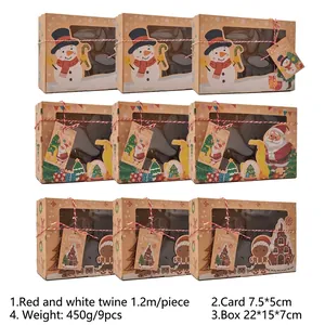 Detailed set of 9 Christmas kraft gift boxes with window, twine and festive tags