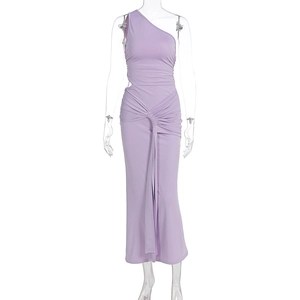 Detail of light purple one-shoulder dress with waist cutout and ruched knot detail