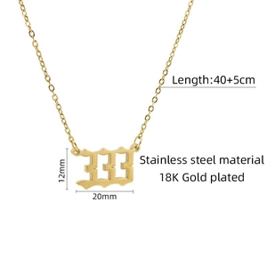 Detail of 18K gold plated stainless steel necklace with 333 number pendant dimensions