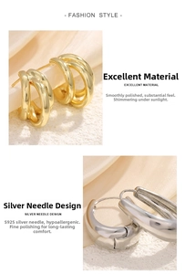 Macro shot of minimalist gold multi-layered hoops and thick silver s925 stud earrings