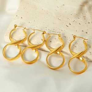 Exaggerated gold twisted infinity drop earrings made of polished stainless steel for women
