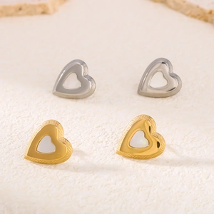 Elegant heart-shaped 18K gold and silver stainless steel stud earrings with shell inlay