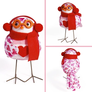 Valentine fabric bird figurine with red hearts, earmuffs, and glasses in three-angle view