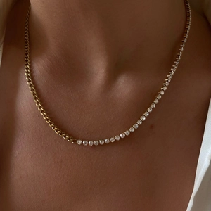 Spliced Cuban Link And Tennis Chain Necklace Bracelet Jewelry For Women Zircon 18K Gold Plated Stainless Steel