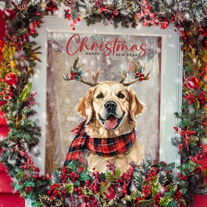 Close-up of Golden Retriever window sticker with reindeer antlers and plaid scarf