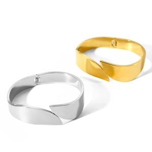 Minimalist wide open stainless steel bangles in polished gold and silver finishes