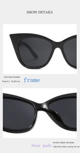 Detail view of textured cat eye sunglasses frame and comfortable nose pad design