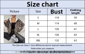 Size chart showing bust and length measurements in cm for leopard print hoodie jacket