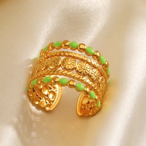 Vintage Multi Layer Open Ring Stainless Steel Gold Plated Green Enamel Sunflower Relief Flower Fashion Jewelry For Women