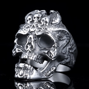 Gothic punk 3D hollow skull ring in vintage silver stainless steel with triple skull carving