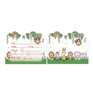 Detailed view of jungle animal party invitation card with giraffe and lion illustrations