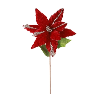 Grande fleur de poinsettia rouge velours de 33 cm avec paillettes pour Noël