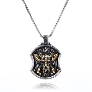 Vintage viking shield pendant necklace with double axes and warrior in retro silver finish