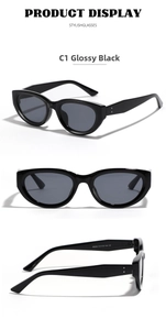 Detailed three-way display of black cat-eye sunglasses with silver rivet accents