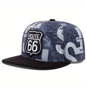 Cappello snapback a tesa piatta con ricamo Route 66 e tessuto blu navy vintage