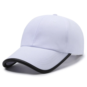 Minimalist white baseball cap with black contrast piping edge and six-panel design
