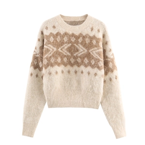 Women Nordic Fair Isle Round Neck Knit Sweater Vintage Geometric Jacquard Plush Long Sleeve Pullover