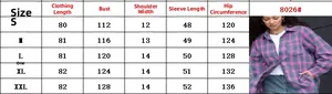 Detailed size chart for loose plaid shirt with measurements in centimeters for sizes S to XXL