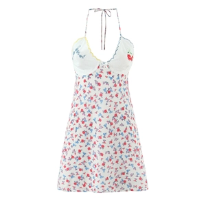 Women's floral halter mini dress in white with red blue print and embroidery
