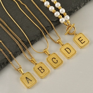 18K gold plated stainless steel square alphabet necklaces and pearl T-bar choker