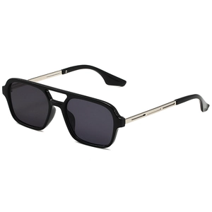 Retro double bridge aviator sunglasses with black frames and hollow silver metal temples