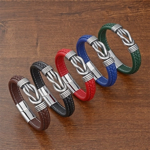 Detailed view of multilayer braided leather bracelets with silver infinity knots in five colors