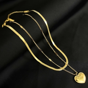Double layered 18K gold plated necklace with snake chain and Love You heart pendant