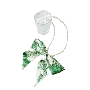 French vintage pearl necklace with green Toile de Jouy ribbon bow and gold beads decor
