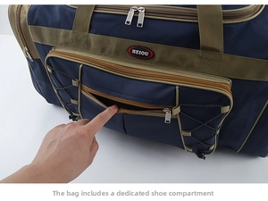 Close-up of the travel bag featuring a dedicated side compartment for shoes with a zipper