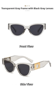 Detail view of oval cat eye sunglasses with transparent grey frame and gold metal accents