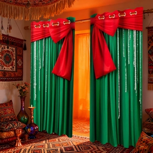 Close-up of Christmas curtains with red bows and green fabric with white dot patterns
