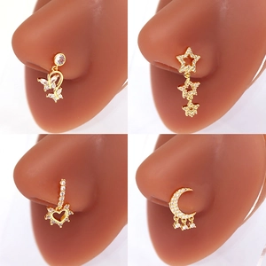 Parure de piercings de nez dorés avec pendentifs cristal papillon cœur lune et étoile