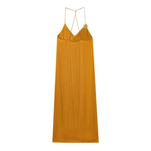 Elegant ginger yellow satin midi dress with thin straps and metallic chain detail
