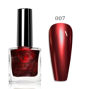 Detail of metallic dark red glitter nail polish bottle and matching swatches in shade 007