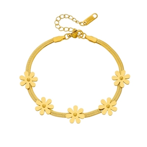 Gold stainless steel daisy flower snake chain bracelet with five floral charms on white background