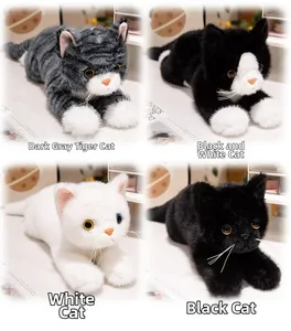 Detail showing four realistic plush kittens in grey tabby, black, white, and bicolour fur