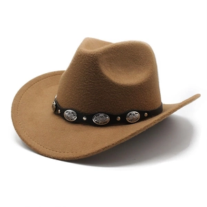 Retro Western Cowboy Hat Woolen Felt Wide Brim Faux Leather Band Alloy Conchos Sunshade Outdoor Jazz Cap For Men Women