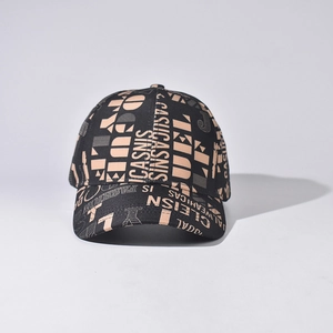 Detail of baseball cap with CASISNIS letter graffiti print on black cotton fabric