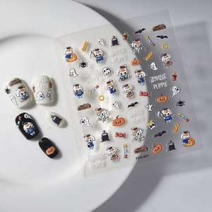 Halloween zombie puppy and pumpkin nail stickers with bat motifs and ghost nail decals