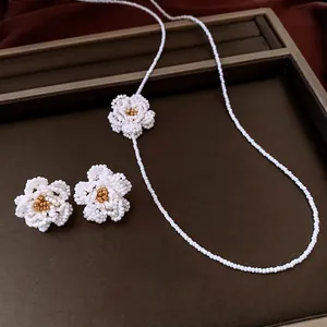 French style camellia pearl jewelry set with beaded necklace and floral stud earrings
