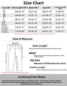 Size chart for men's technical cargo pants showing waist, length, and hip measurements
