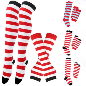 Close-up of striped knit over-knee socks and matching arm sleeves for kids and adults