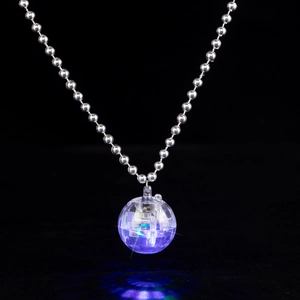 Luminous disco ball pendant necklace with glowing blue and green LED lights on bead chain