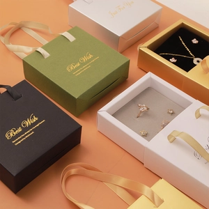 Luxury drawer jewelry gift box set with ribbon handle and matching paper bag