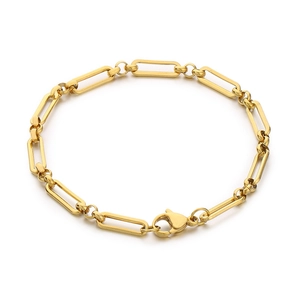 Minimalist gold stainless steel paperclip chain bracelet in a circular layout on white background