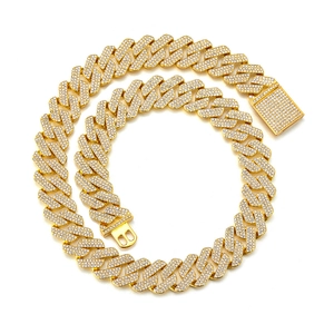Men's 20mm hip hop cuban link chain in gold finish with iced out geometric rhinestones