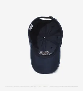 Macro view of navy cotton baseball cap interior showing sweatband and care label