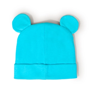 Detailed knit texture of a bright blue baby beanie with cute bear ears and wide fold-over brim